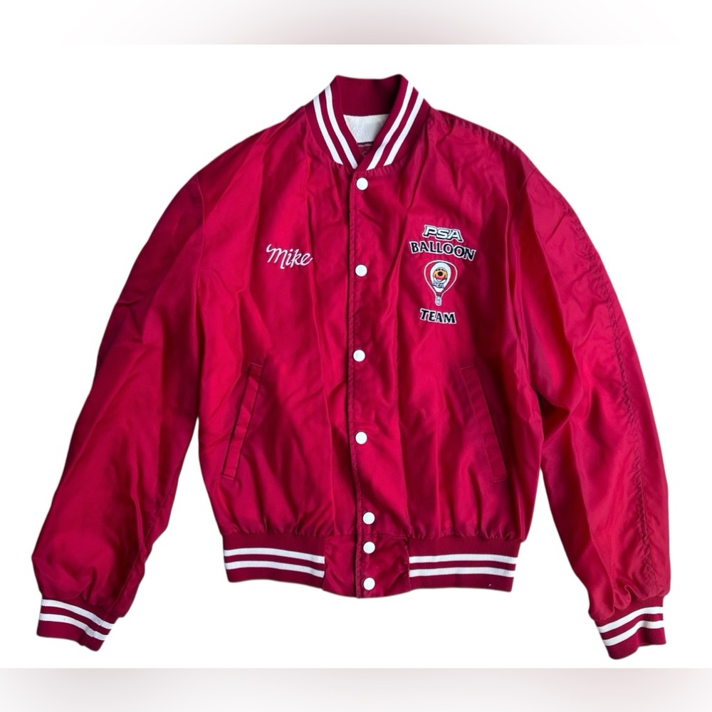 VTG 80s 90s Red Satin PSA Hot Air Balloon Team Bomber M Jacket Kitsch Embroidery